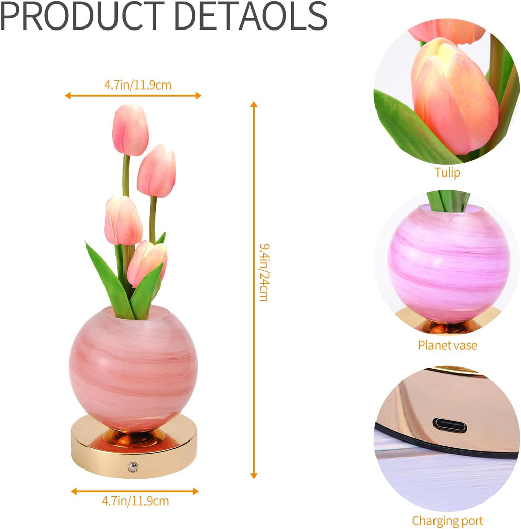 Tulip Flower Planet Lamp with Remote Control, Rechargeable Cordless Touch Dimming Artificial Flower Desk Lamp, LED Night Light Romantic Gifts for Girl Women Grandmother (Remote Control)