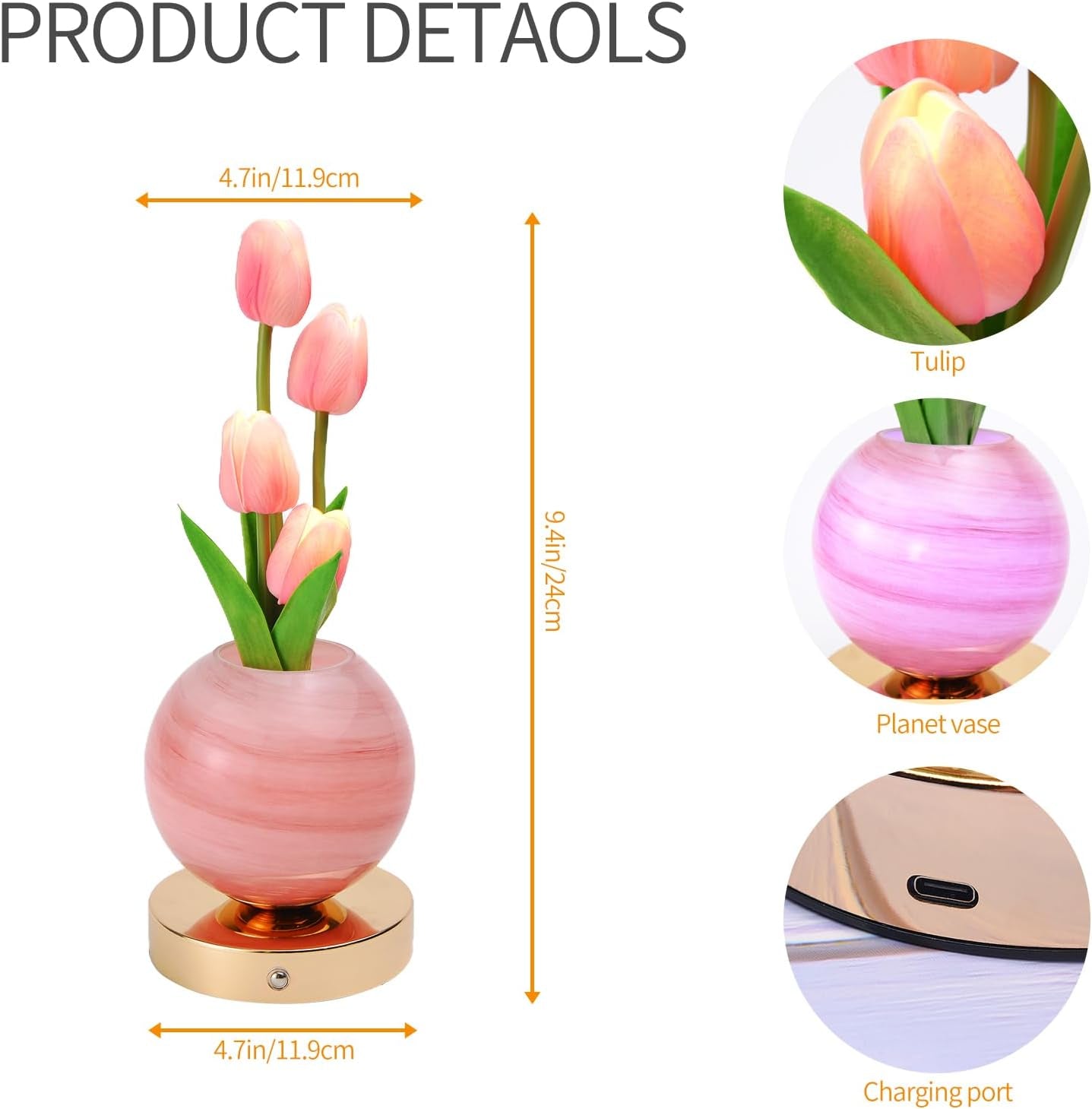 Tulip Flower Planet Lamp with Remote Control, Rechargeable Cordless Touch Dimming Artificial Flower Desk Lamp, LED Night Light Romantic Gifts for Girl Women Grandmother (Remote Control)