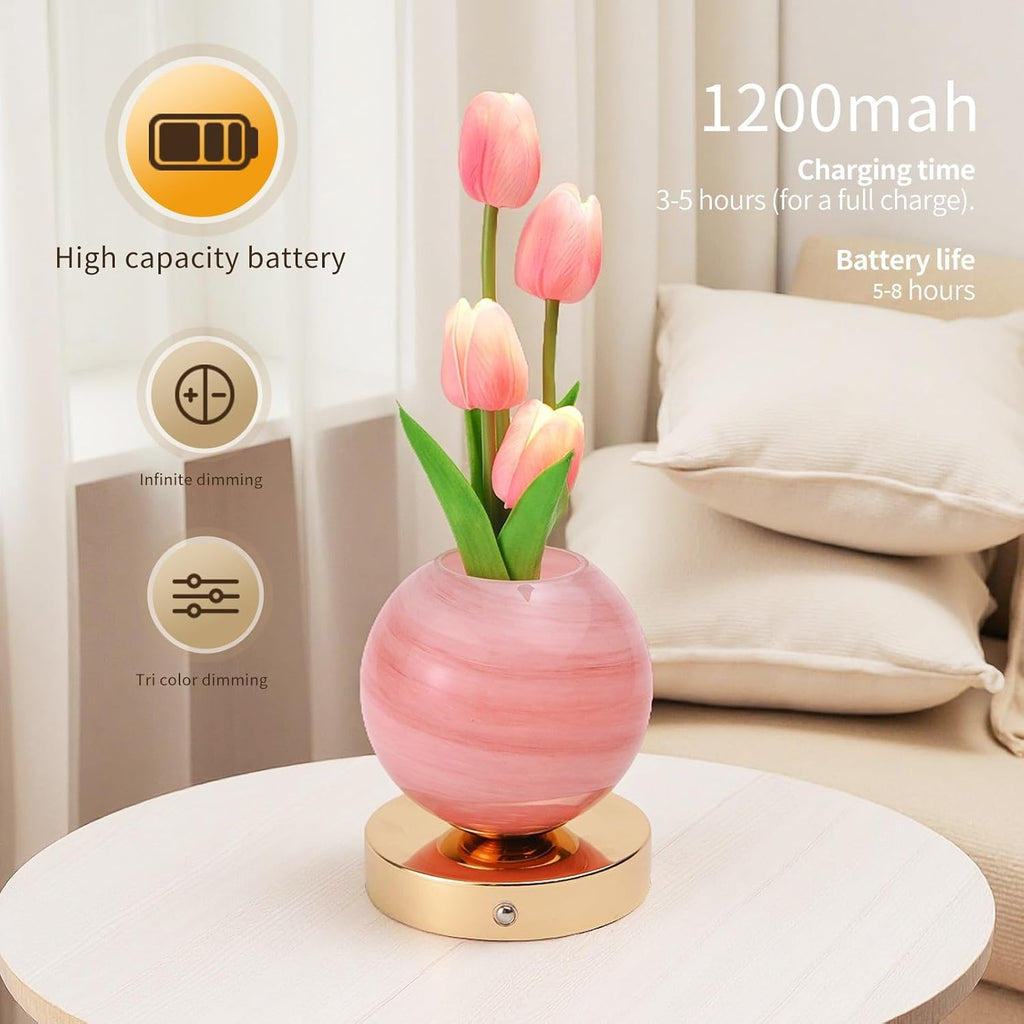 Tulip Flower Planet Lamp with Remote Control, Rechargeable Cordless Touch Dimming Artificial Flower Desk Lamp, LED Night Light Romantic Gifts for Girl Women Grandmother (Remote Control)
