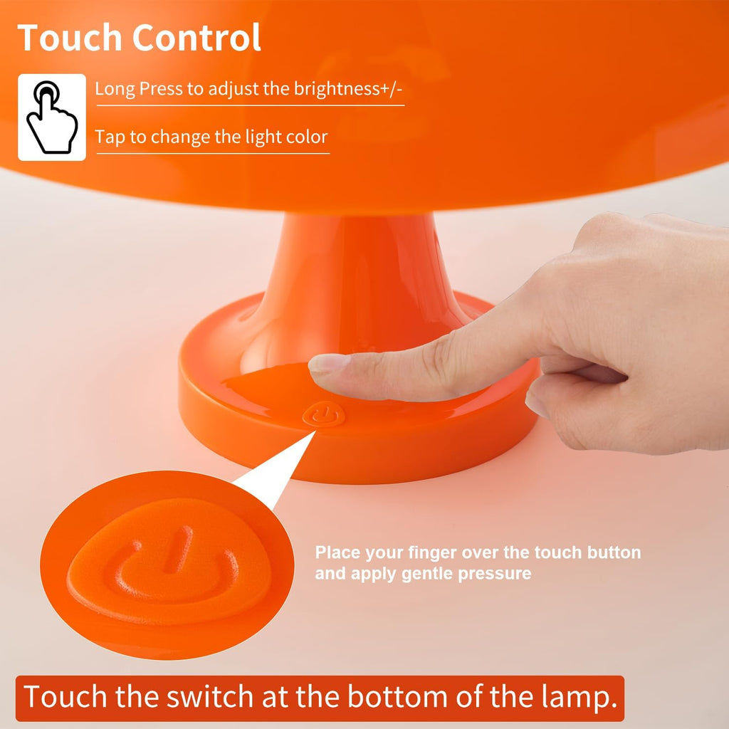 Cordless Mushroom Table Lamp, Rechargeable Orange Bedside Lamp with Touch Control and 3 Color Stepless Dimming, Portable Desk Lamp for Dinner/Restaurant/Bedroom (W11'' X H7.67'')