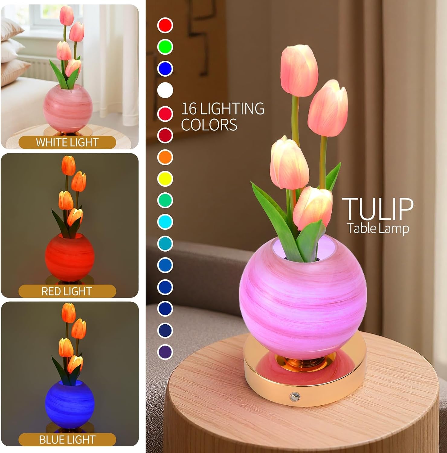 Tulip Flower Planet Lamp with Remote Control, Rechargeable Cordless Touch Dimming Artificial Flower Desk Lamp, LED Night Light Romantic Gifts for Girl Women Grandmother (Remote Control)