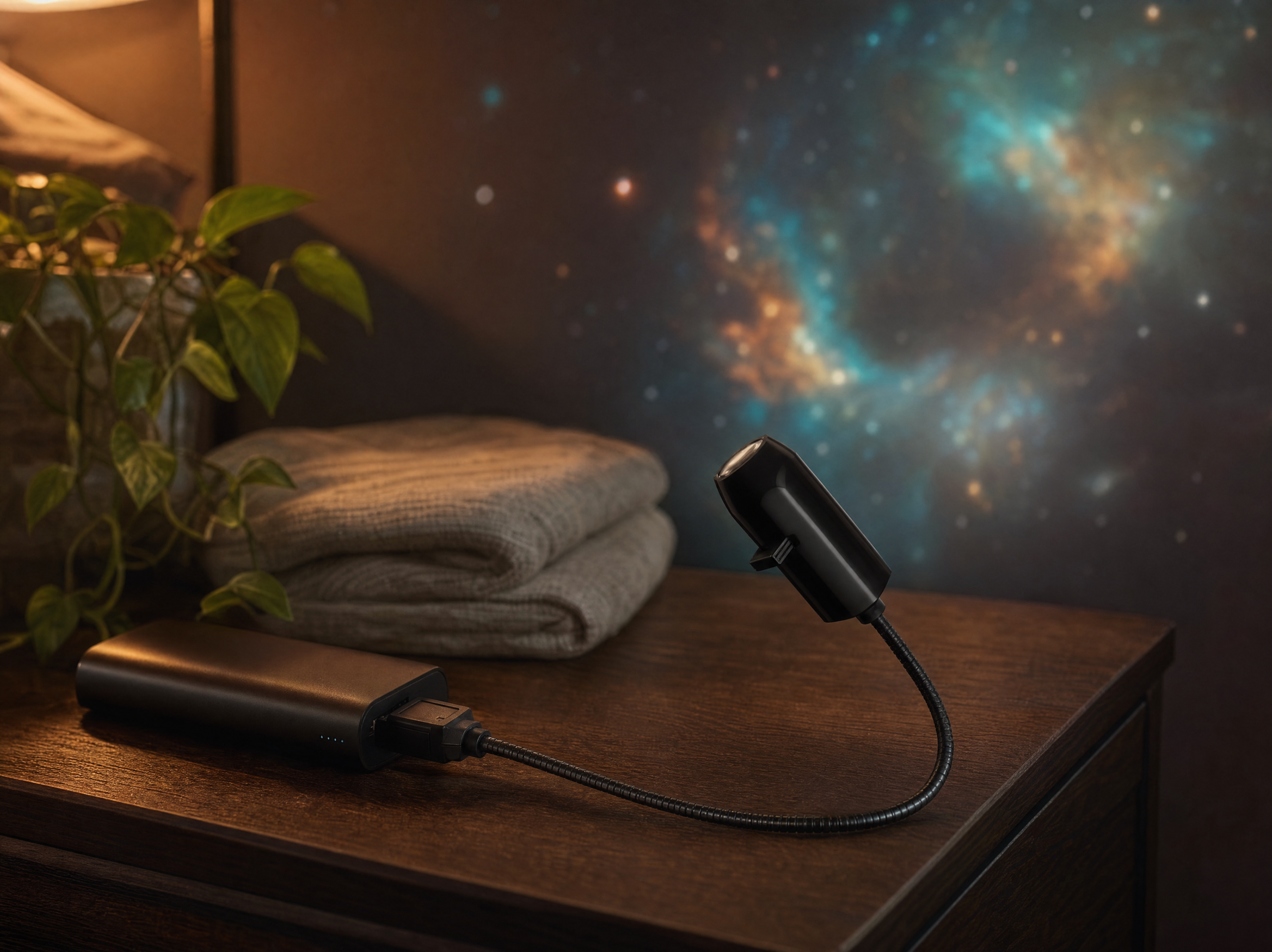 Whale Drift Projector on a nightstand at night