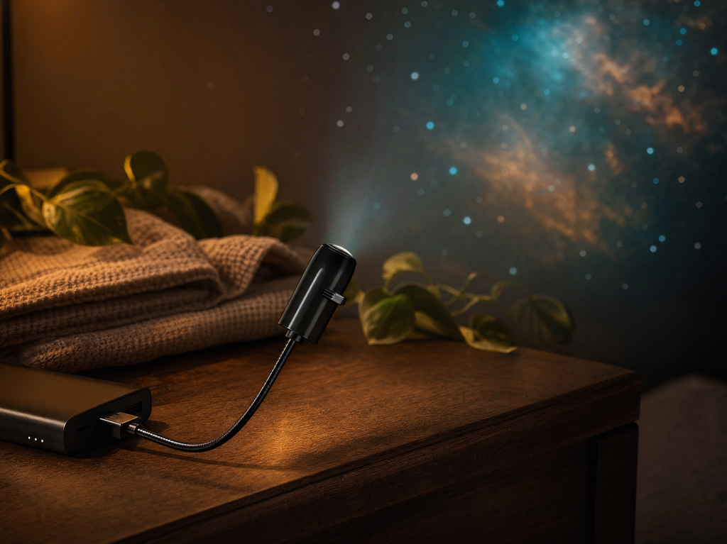 Whale Drift Projector casting a galaxy on the bedroom wall