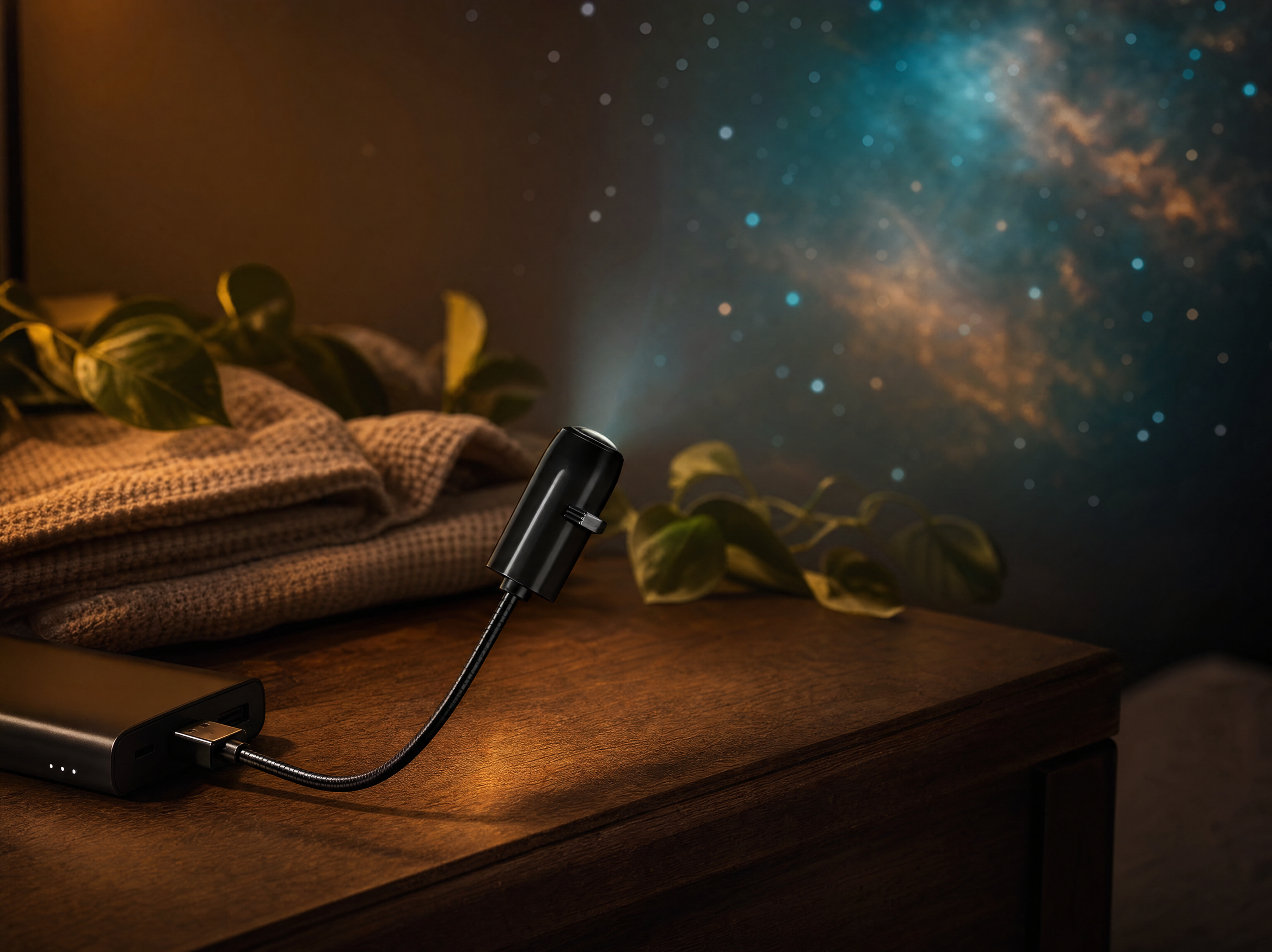 Whale Drift Projector casting a galaxy on the bedroom wall