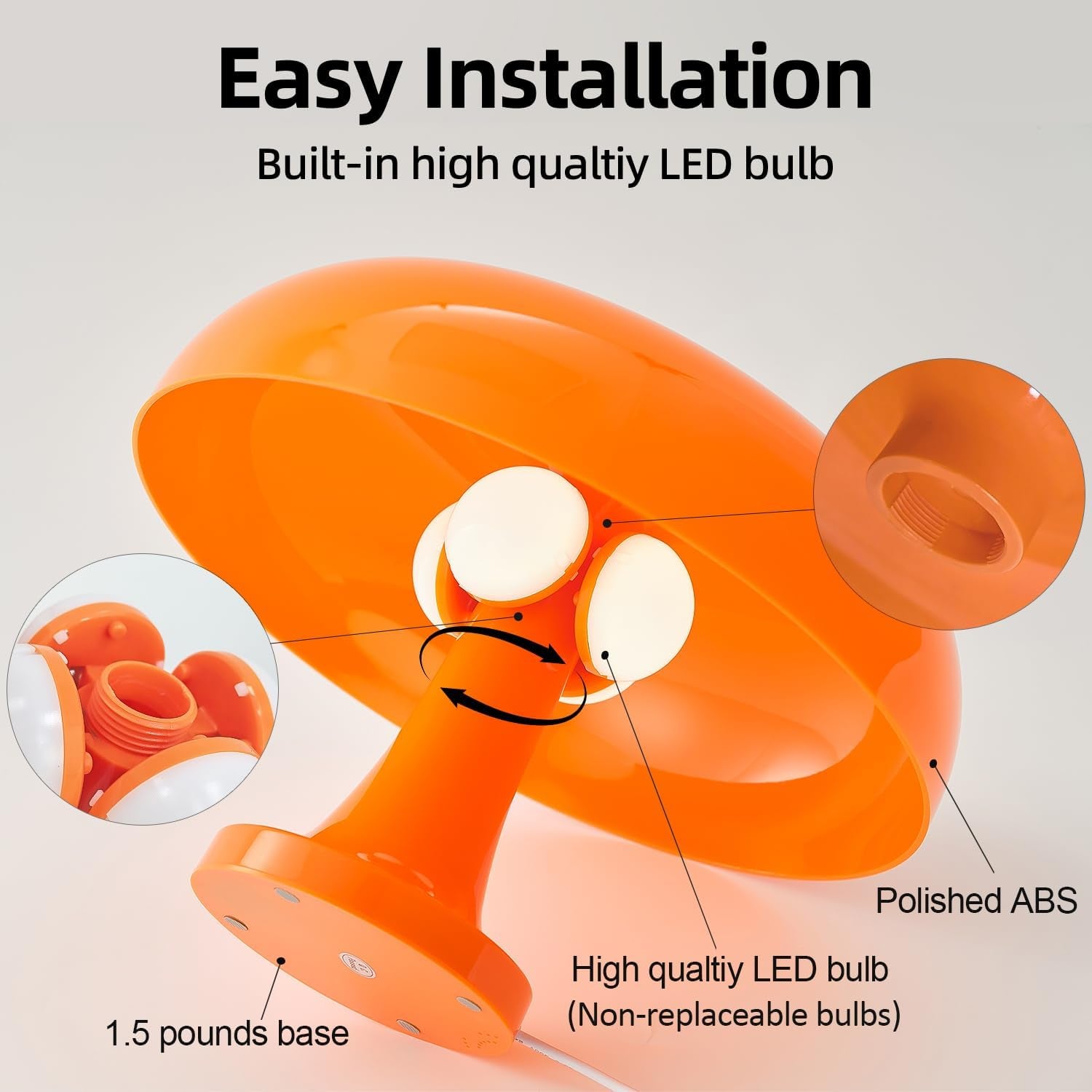 Cordless Mushroom Table Lamp, Rechargeable Orange Bedside Lamp with Touch Control and 3 Color Stepless Dimming, Portable Desk Lamp for Dinner/Restaurant/Bedroom (W11'' X H7.67'')