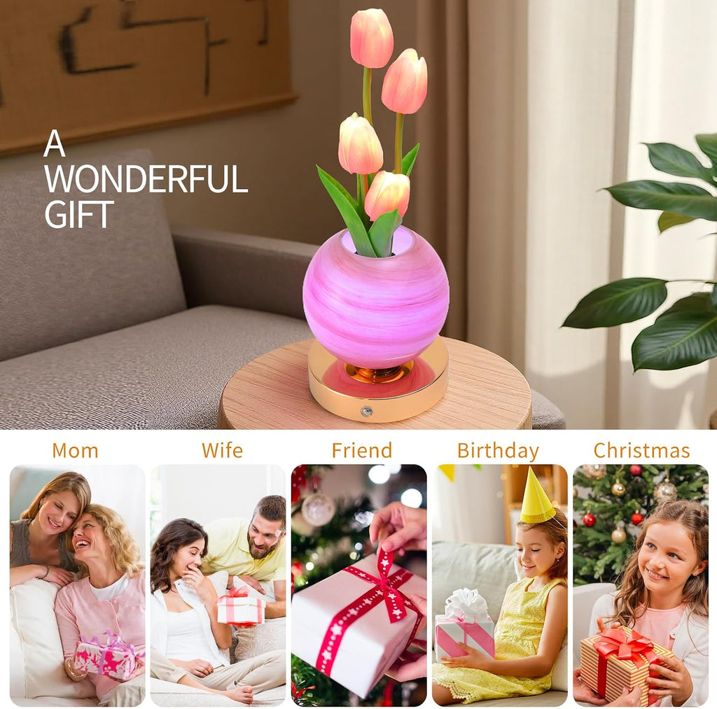 Tulip Flower Planet Lamp with Remote Control, Rechargeable Cordless Touch Dimming Artificial Flower Desk Lamp, LED Night Light Romantic Gifts for Girl Women Grandmother (Remote Control)