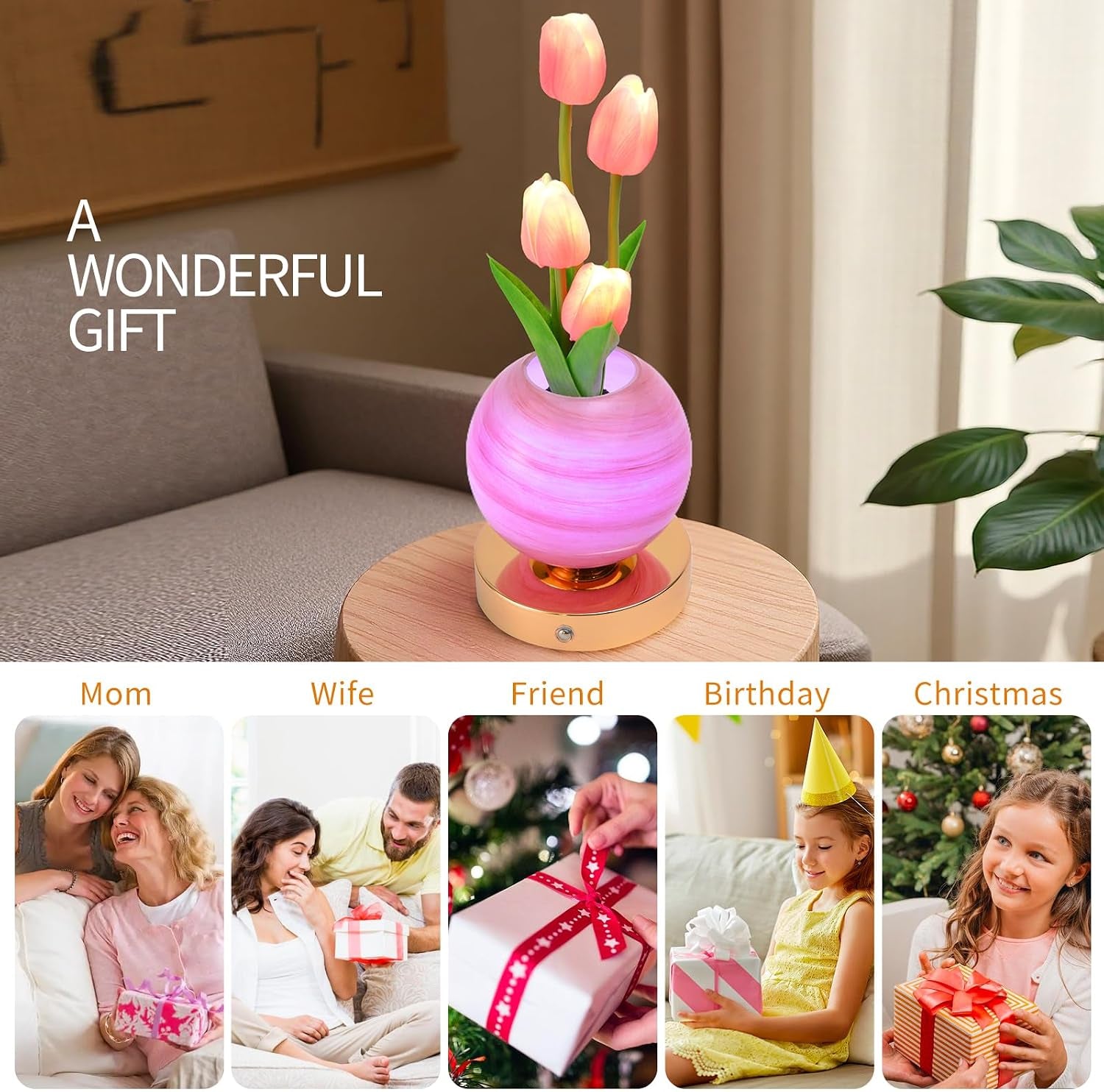 Tulip Flower Planet Lamp with Remote Control, Rechargeable Cordless Touch Dimming Artificial Flower Desk Lamp, LED Night Light Romantic Gifts for Girl Women Grandmother (Remote Control)