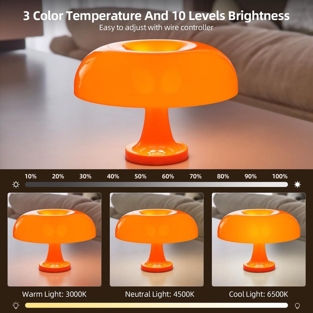 Cordless Mushroom Table Lamp, Rechargeable Orange Bedside Lamp with Touch Control and 3 Color Stepless Dimming, Portable Desk Lamp for Dinner/Restaurant/Bedroom (W11'' X H7.67'')