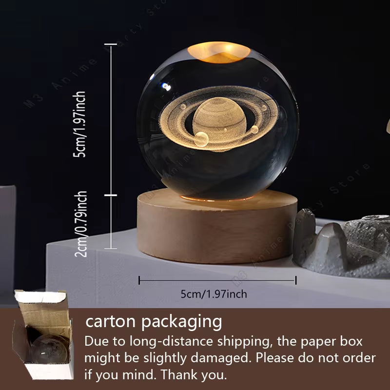 Unique 3D Crystal Ball Night Light Led Lamp Bedside Table Glowing Galaxy Lamp Saturn Planets Moon Birthday Gift Toy 5Cm