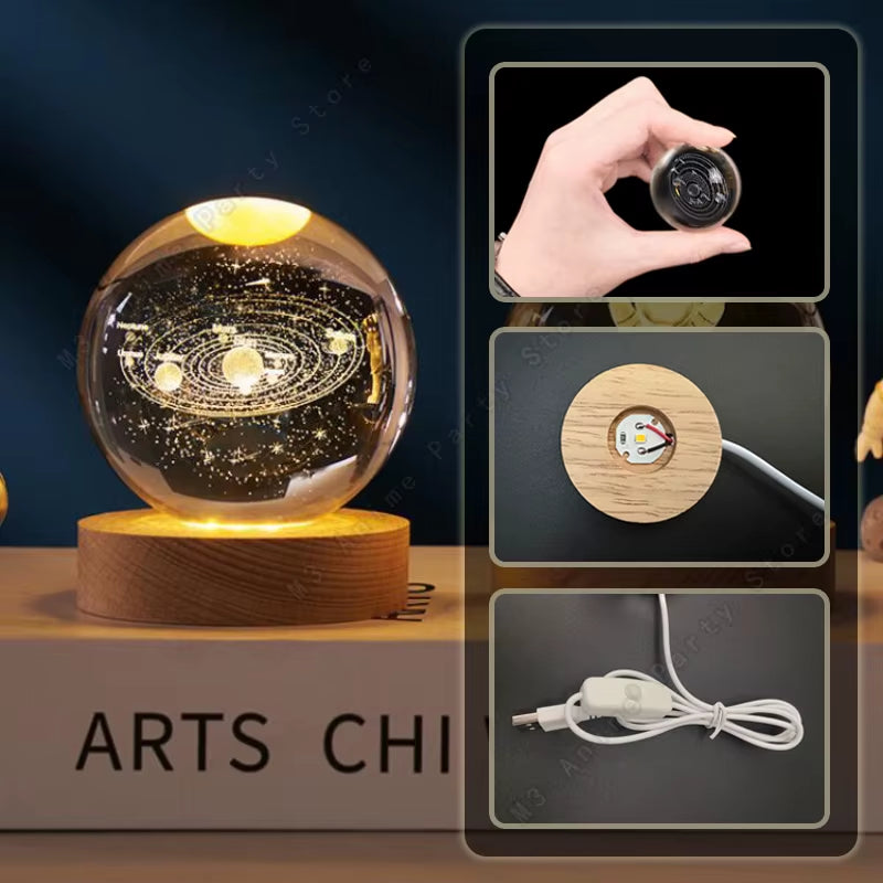 Unique 3D Crystal Ball Night Light Led Lamp Bedside Table Glowing Galaxy Lamp Saturn Planets Moon Birthday Gift Toy 5Cm