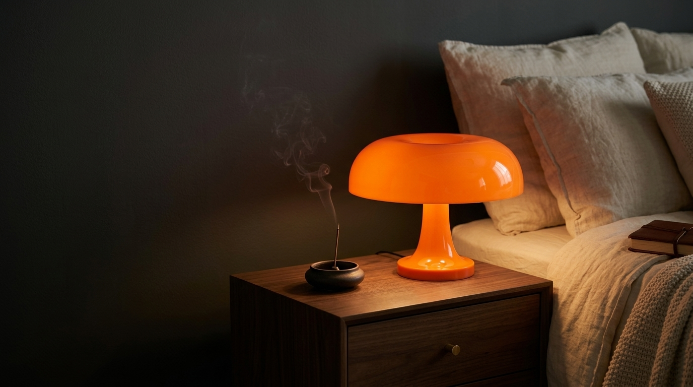 Orange mushroom glow lamp on a wooden nightstand in a calm dim bedroom at night - Kiroa After Dark