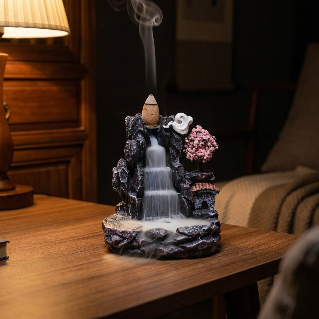 Ember Falls backflow incense burner with smoke cascading, on a nightstand in a cozy dark room