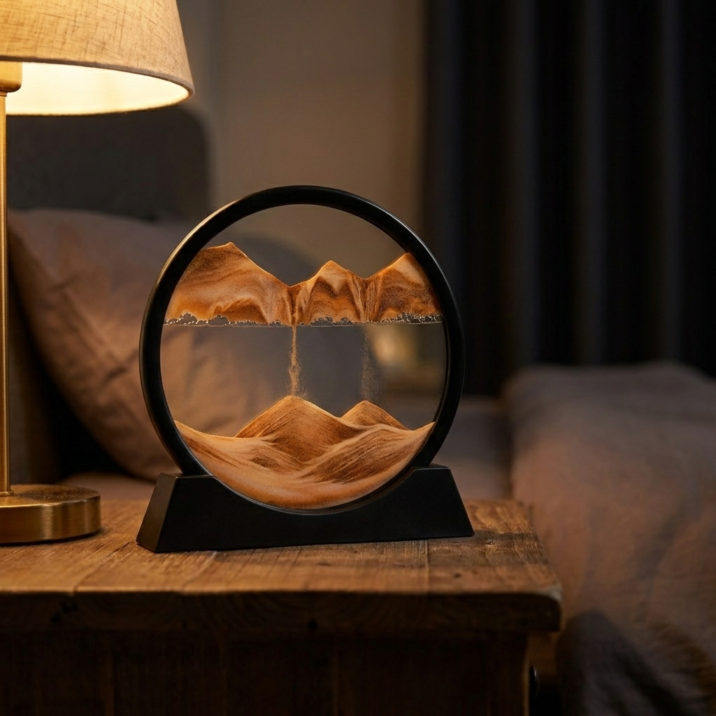 Driftscape Sand Glass in warm amber on a nightstand at night