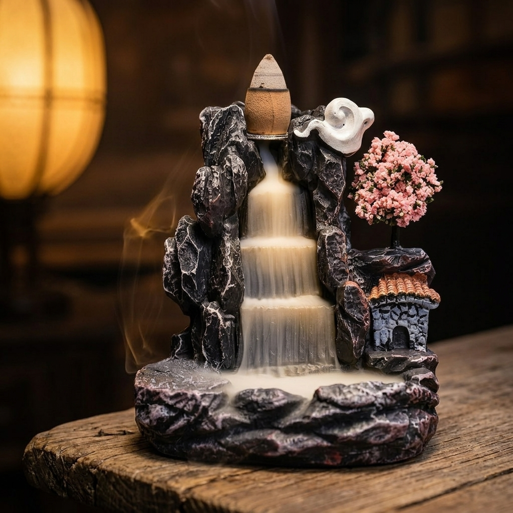 Close view of the Ember Falls incense burner with smoke cascading down the waterfall