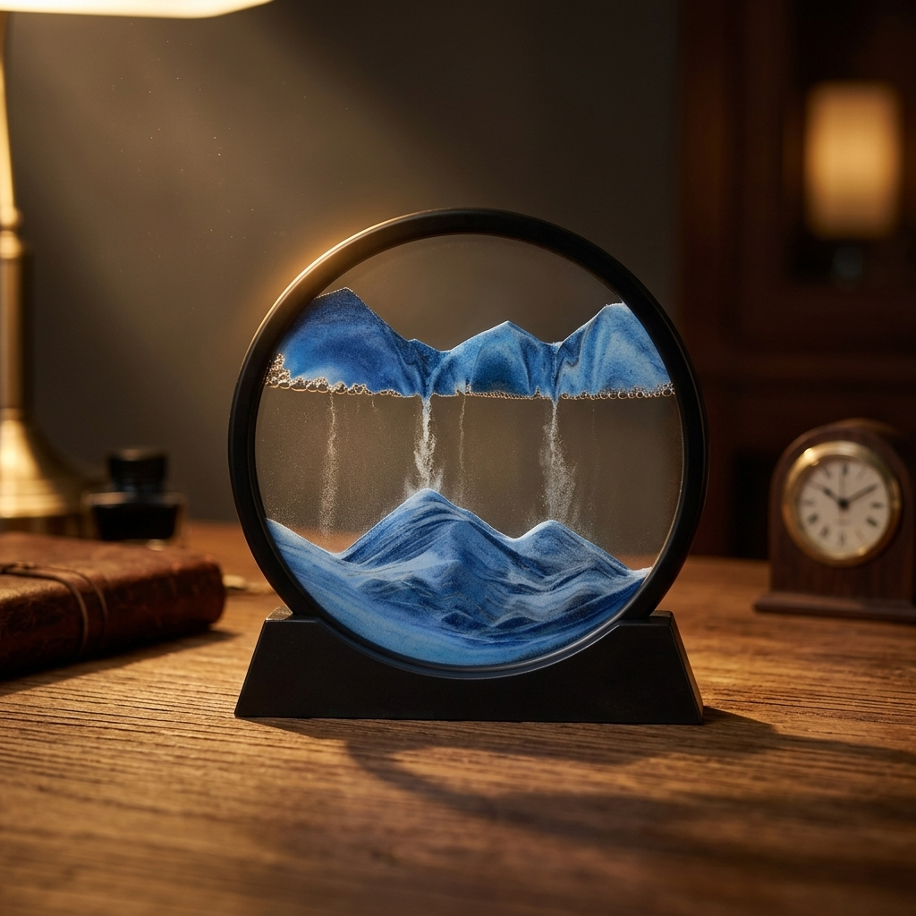 Driftscape Sand Glass in deep-sea blue on a wooden desk at night