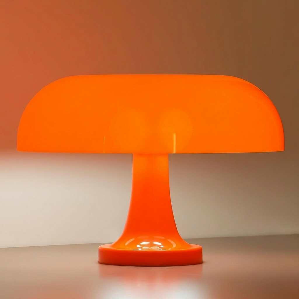 Cordless mushroom-shaped glow lamp in warm orange on a nightstand