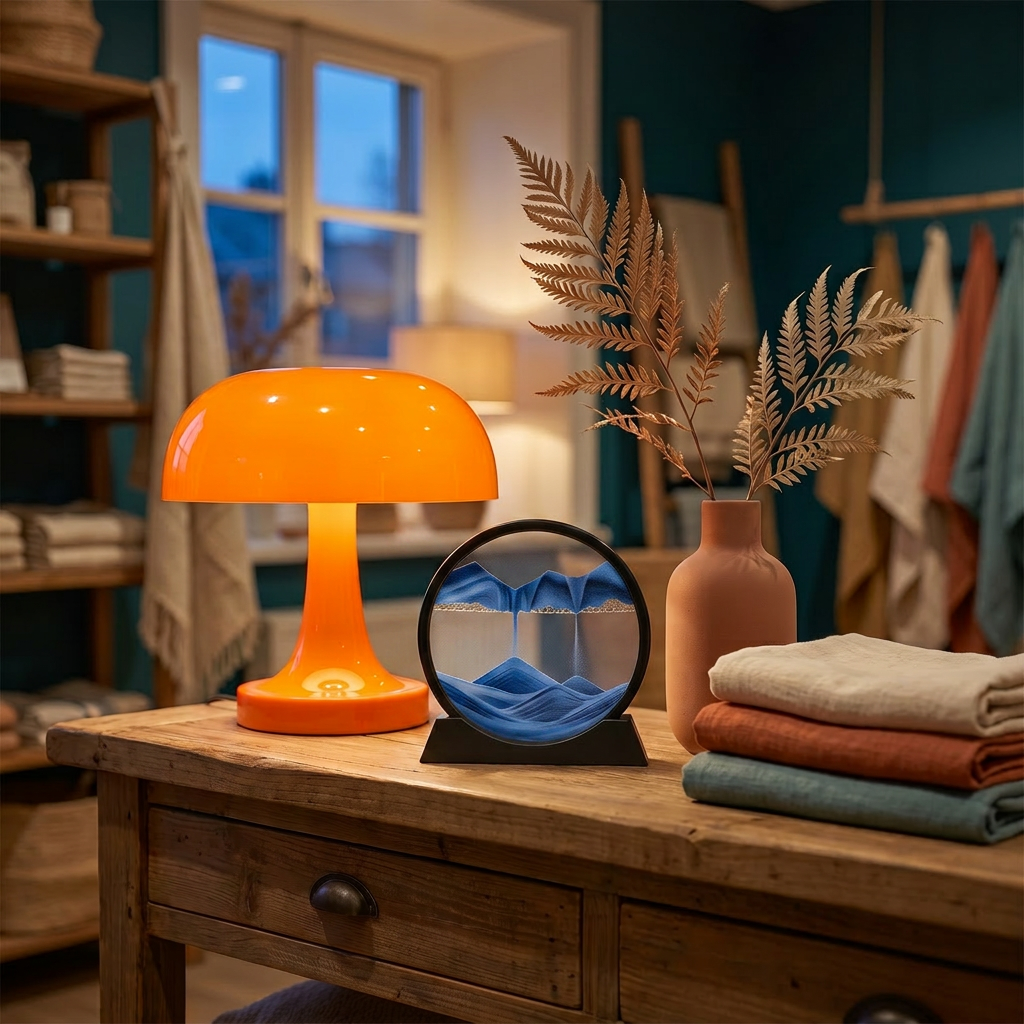 Kiroa After Dark dusk boutique shelf with glowing mushroom lamp and blue sand art