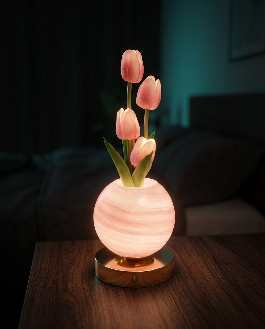 Tulip Planet Lamp glowing warmly on a dark bedroom nightstand — Kiroa After Dark
