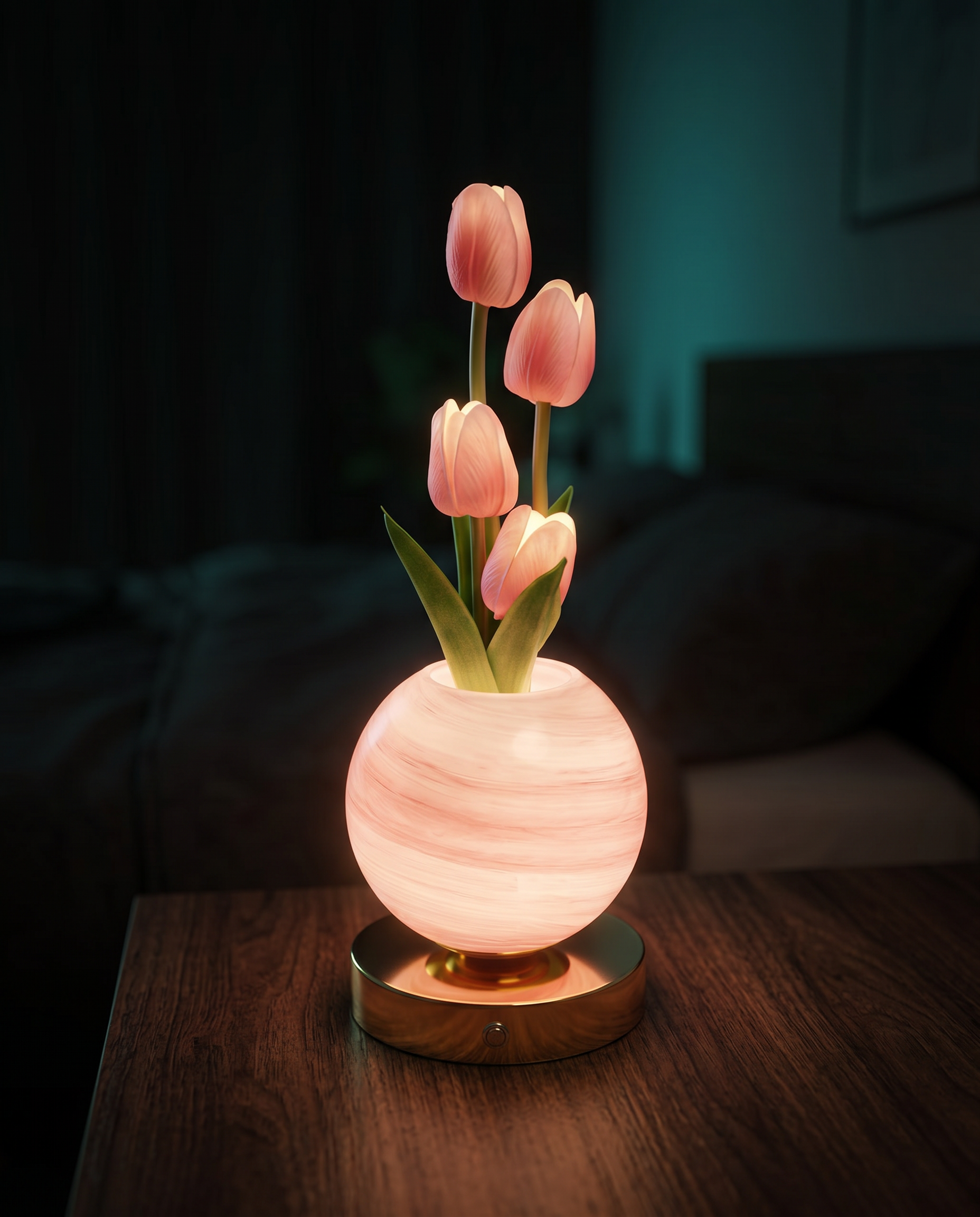 Tulip Planet Lamp glowing warmly on a dark bedroom nightstand — Kiroa After Dark