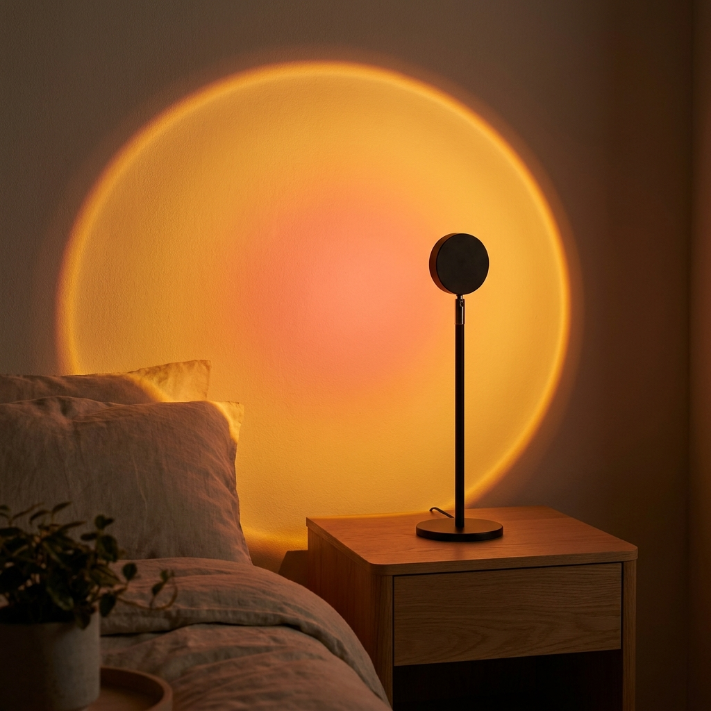 Sunset projection lamp casting a warm golden-hour sunset circle on a bedroom wall at night — USB mood light by Kiroa