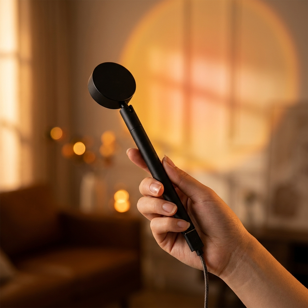 Hand holding the compact sunset projection lamp with 180-degree rotating head, sunset glow projected on the wall behind