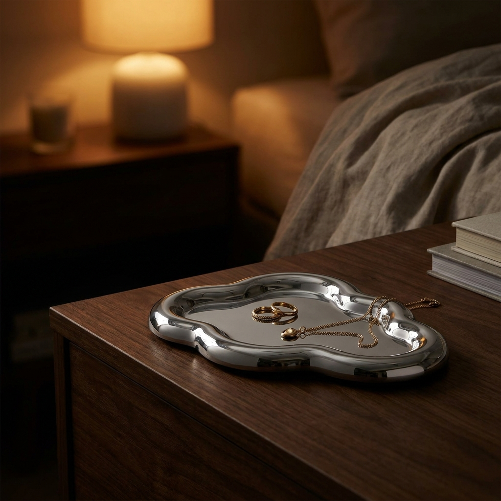 Mirror-silver trinket tray with jewelry beside a warm bedside lamp at night - Kiroa After Dark decor