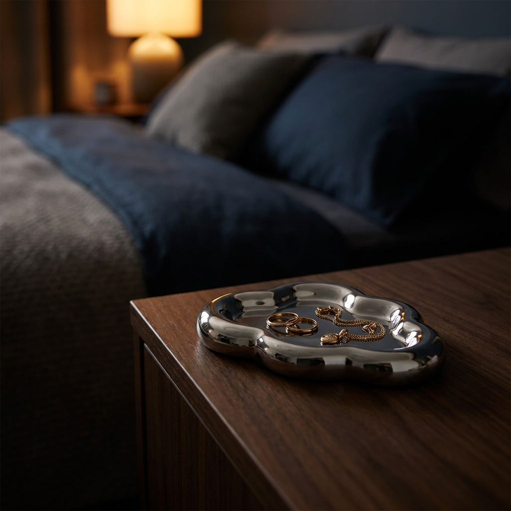 Silver cloud-shaped catchall tray holding gold rings on a dark walnut nightstand in a dim bedroom - Kiroa After Dark